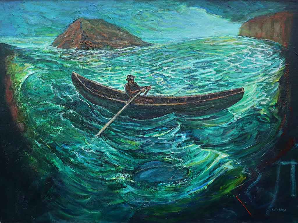 Naomhog ar an bhfarraige by Liam Holden Oil and acrylic on canvas 60cm x 45cm 2019 Naomhog ar an bhfarraige by Liam Holden Oil and acrylic on canvas 60cm x 45cm 2019