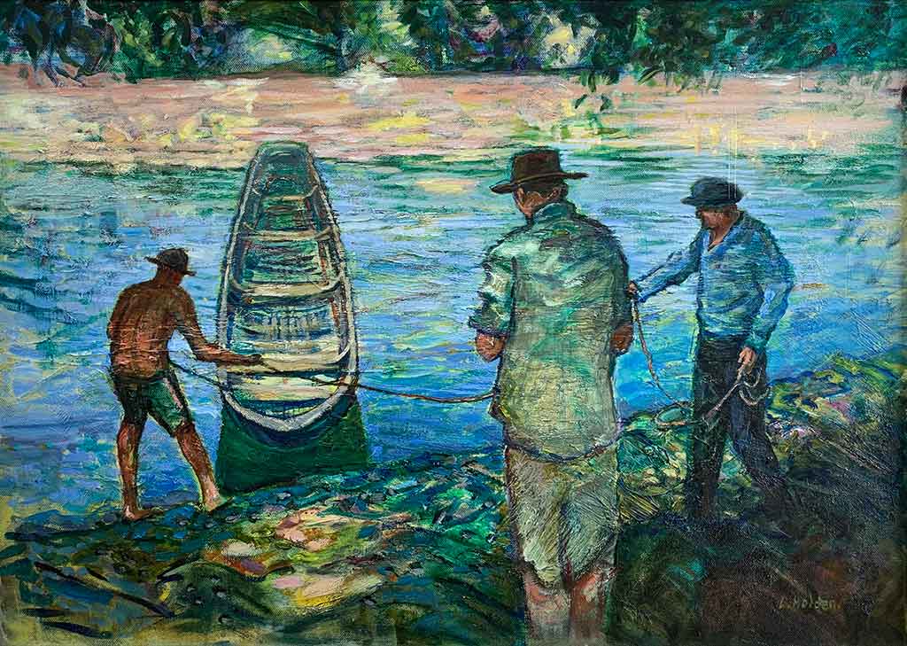 On the River Adour France by Liam Holden mixed media on canvas