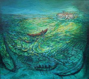 Adams Auction 1 Camino Voyage Santiago by Liam Holden oil and mixed media on panel 2020 Adams Auction