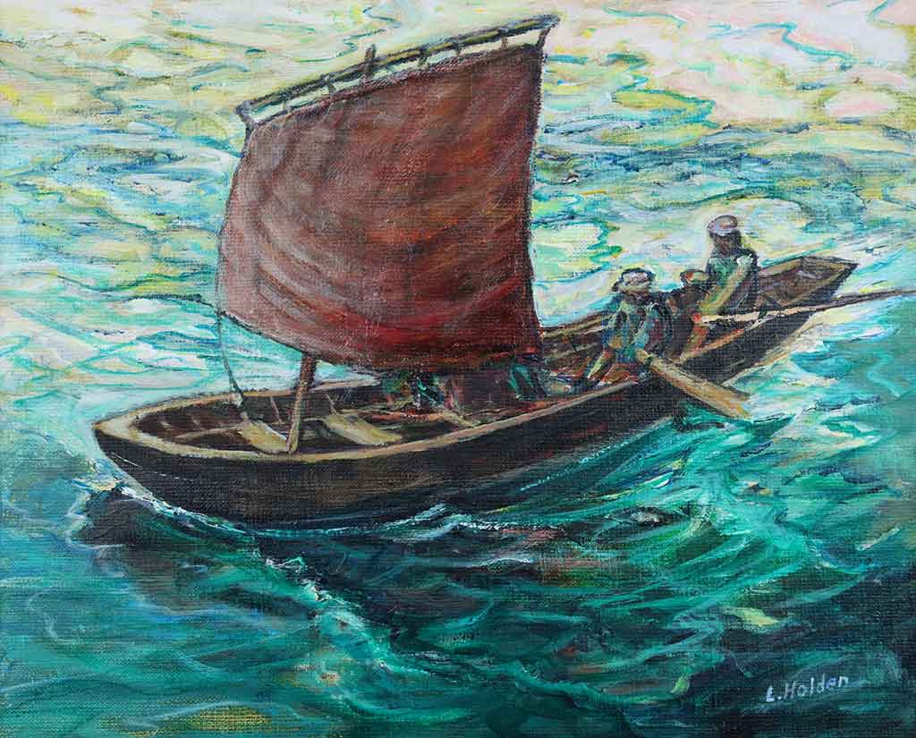 Naomhoig Sailing by Liam Holden acrylic on linen 30cm x 25cm 2022
